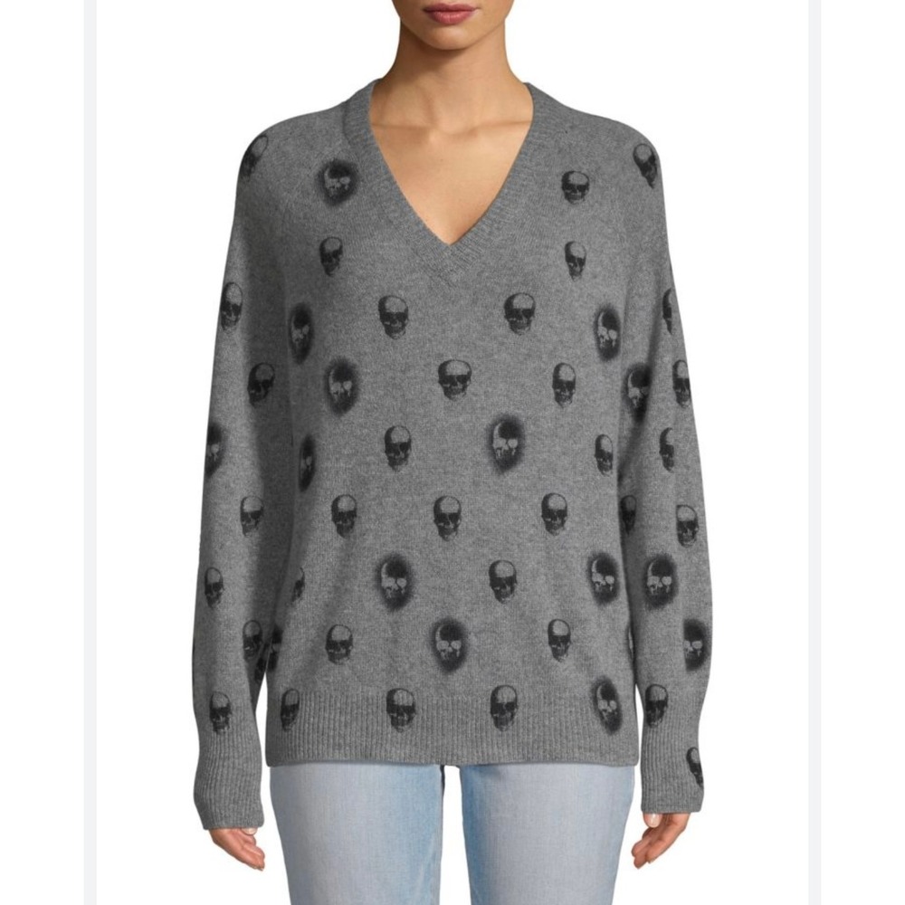 Skull Cashmere Womens Riley V Neck Sweater Gray 100% Cashmere Skull Print Size S